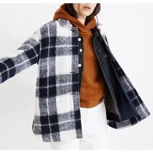 Madewell Women's Walton Shirt-Jacket Colleton Plaid Button Front Wool Navy Med